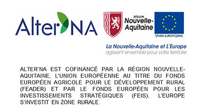 ALTER'NA est cofinancé par la Région Nouvelle-Aquitaine, l’Union Européenne au titre du Fonds Européen Agricole pour le Développement Rural (FEADER) et par le Fonds Européen pour les Investissements Stratégiques (FEIS). L’Europe s’investit en zone rurale.
