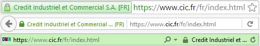 Les barres d'adresses de Chrome, Firefox et Internet explorer quand le navigateur affiche le site cic.fr